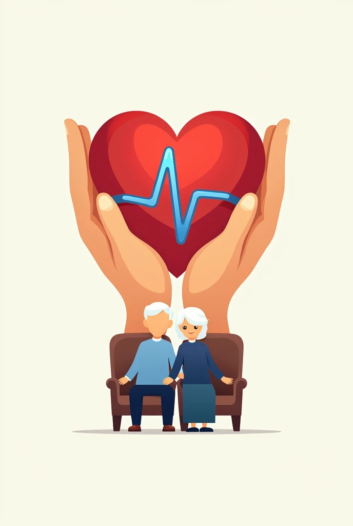 Medical care logo with hands holding a red heart with a blue lifeline in the center and below the hands some grandparents in a chair