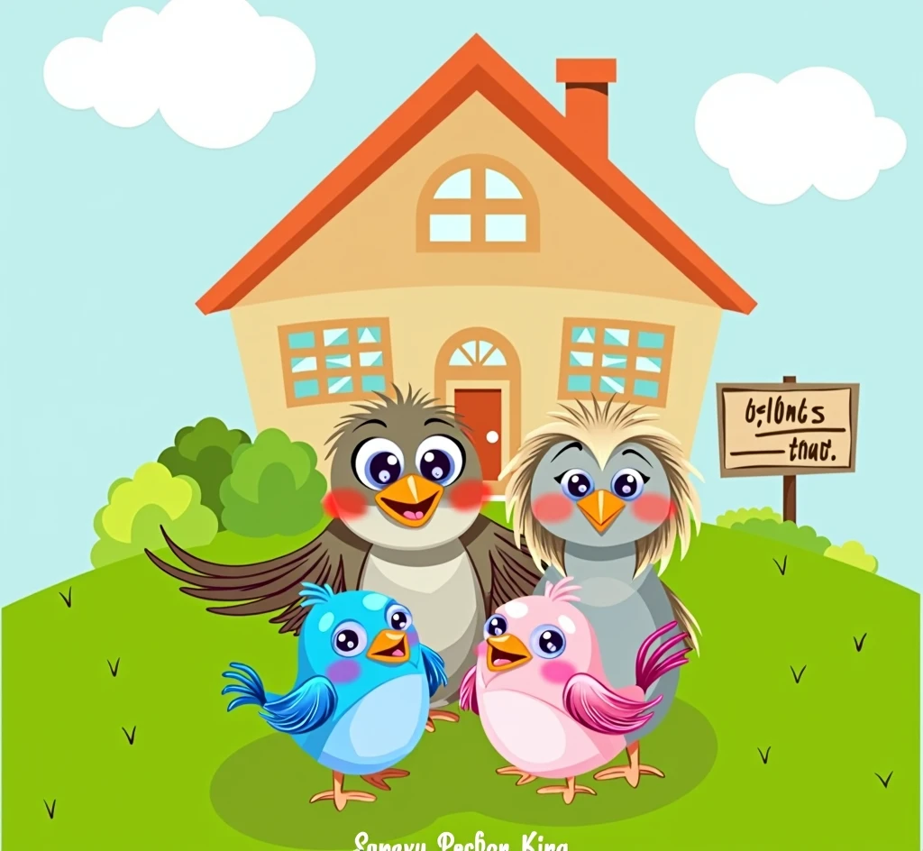 bird family, gray bird mom with yellow hair, daddy bird with brown hair, round blue bird baby and pink round bird, there is a house and bushes behind