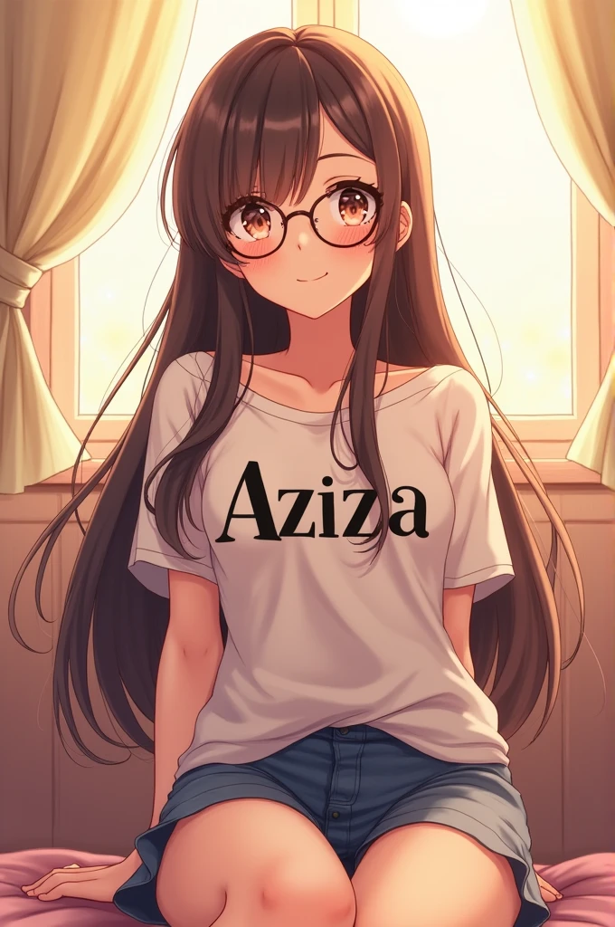 Generate me an image of beautiful girl with long hair and glasses and Aziza written on her shirt can be clearly seen and smiling and sitting in anime style