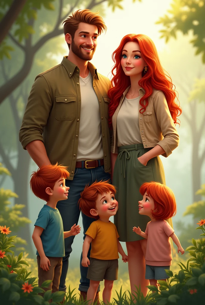 A thickset man of around 34 years old with his beautiful young wife with a good body and long red hair with a blond son of about  and a beautiful red-haired daughter of about 5 years old, Tll one family