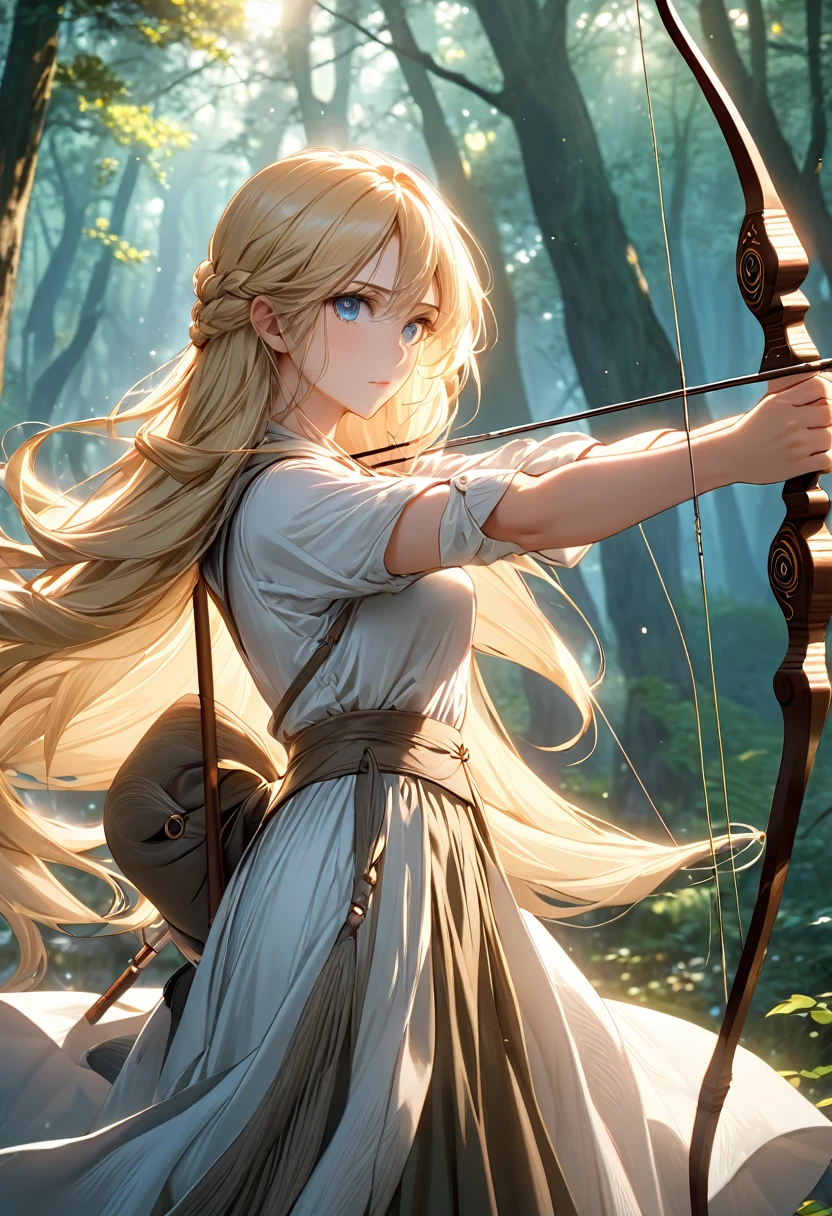 Beautiful female archer, holding a bow, Delicate face, beautiful eyes, Detailed facial features, Flowing long hair, Elegant Posture, Fantasy Landscape, Dense forest, blond，Sunlight through the trees, Soft tones, Dramatic Lighting, Film composition, number, Extremely detailed, (best quality,4K,8K,high resolution,masterpiece:1.2),Extremely detailed,(Practical,photoPractical,photo-Practical:1.37)