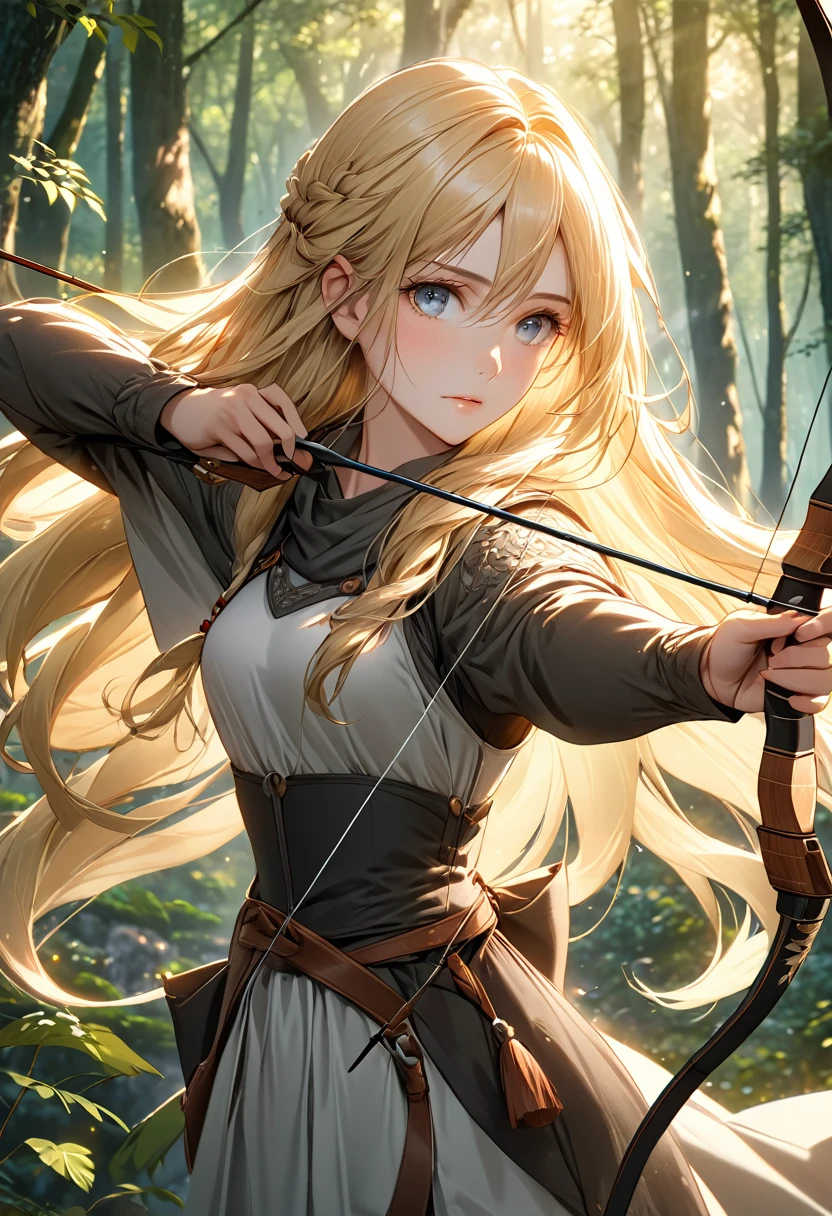 Beautiful female archer, holding a bow, Delicate face, beautiful eyes, Detailed facial features, Flowing long hair, Elegant Posture, Fantasy Landscape, Dense forest, blond，Sunlight through the trees, Soft tones, Dramatic Lighting, Film composition, number, Extremely detailed, (best quality,4K,8K,high resolution,masterpiece:1.2),Extremely detailed,(Practical,photoPractical,photo-Practical:1.37)