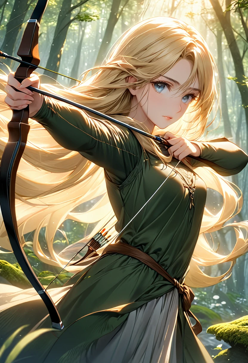 Beautiful female archer, holding a bow, Delicate face, beautiful eyes, Detailed facial features, Flowing long hair, Elegant Posture, Fantasy Landscape, Dense forest, blond，Sunlight through the trees, Soft tones, Dramatic Lighting, Film composition, number, Extremely detailed, (best quality,4K,8K,high resolution,masterpiece:1.2),Extremely detailed,(Practical,photoPractical,photo-Practical:1.37)