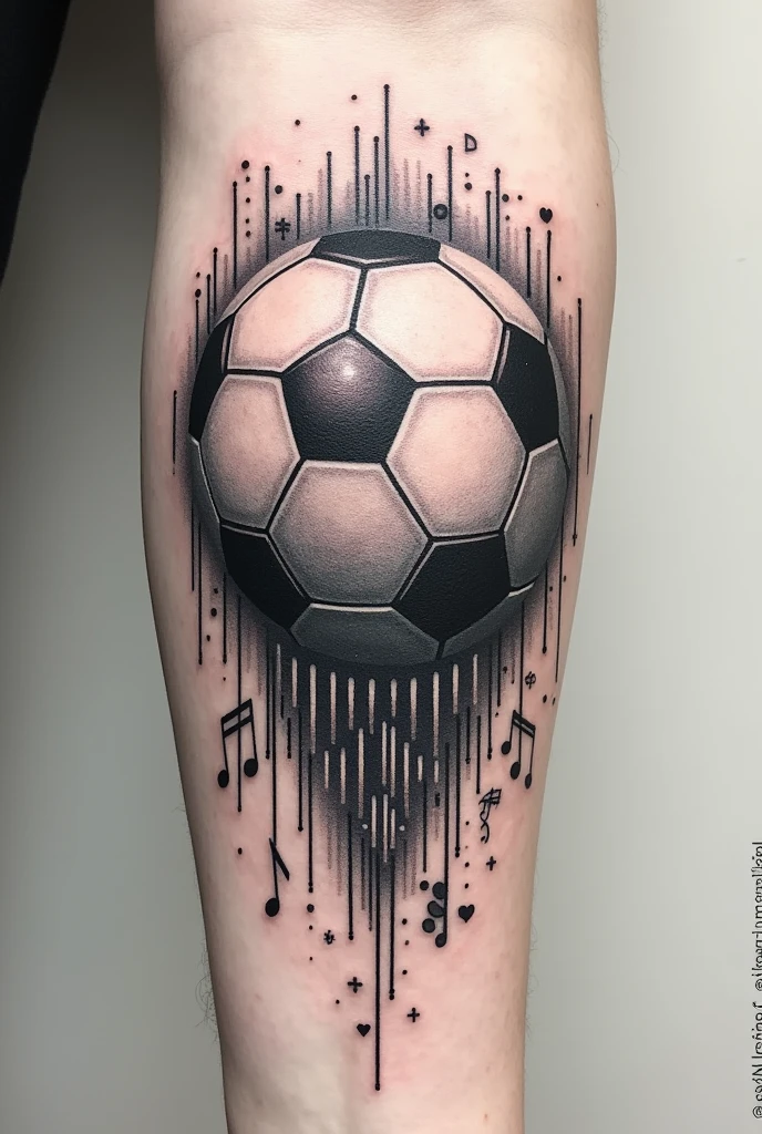 Generate a tattoo design based on:

Design Concept:

Central Image: A football, but stylized to have a subtle code pattern or music notes blended into its design.

Incorporating Music: Around the football, you could have a few music notes or a treble clef that flows out from it, suggesting that music is an integral part of your life.

Coding Element: Add a small section of binary code or a minimalist computer icon that wraps around or intersects with the football, blending the technology aspect seamlessly.

Personal Touch: Integrate a simple, elegant heart or a small symbol representing time spent with loved ones, perhaps near the base of the football or incorporated into the design as a background element.
