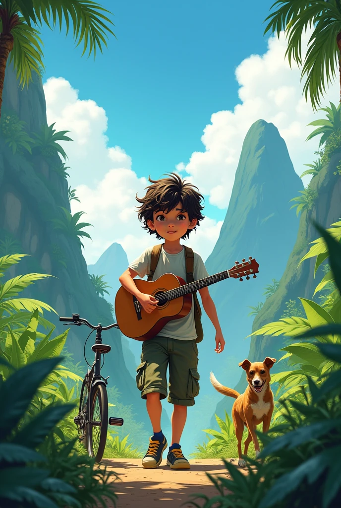 Young boy with cargo half jeans having guitar on his hand hold
. walking through jungle with .blue sky . Bike
Background mountain .dog also
