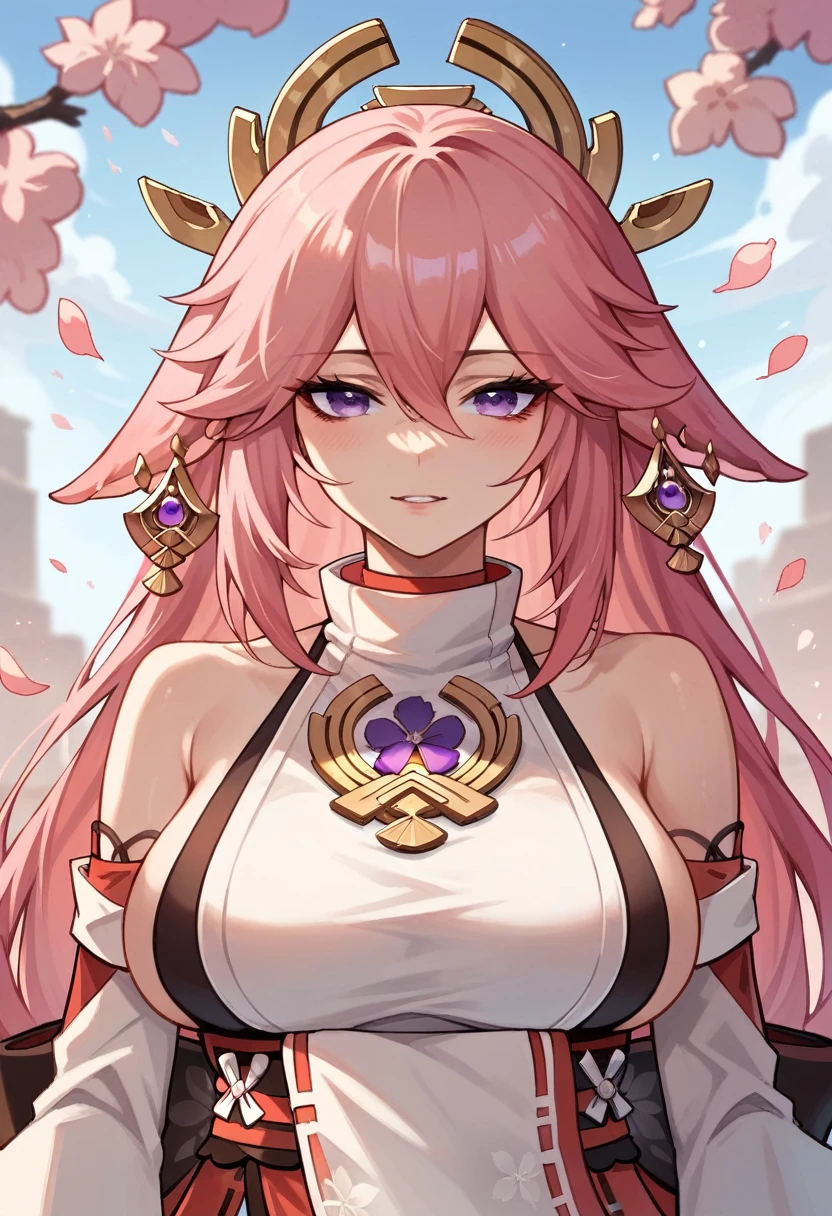 Yae Miko, pink hair, purple eyes, Shitao&#39;s Artistic Style
