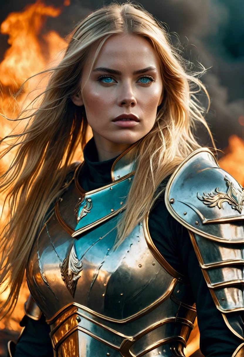 1 woman, inside a war field surrounded by fire, wearing silver armor, detailed facial features, feminine turquoise eyes, pointed ear, detailed fair skin, long golden blonde hair, full body shot, dramatic lighting, cinematic composition, cool palette, dark colors, atmospheric haze, bulky body, thin chin, serious face, serious face, strong and beautiful woman (best quality, 4K, 8K, high resolution, art: 1.2), ultra detailed (realistic, photorealistic, photorealistic: 1.37)