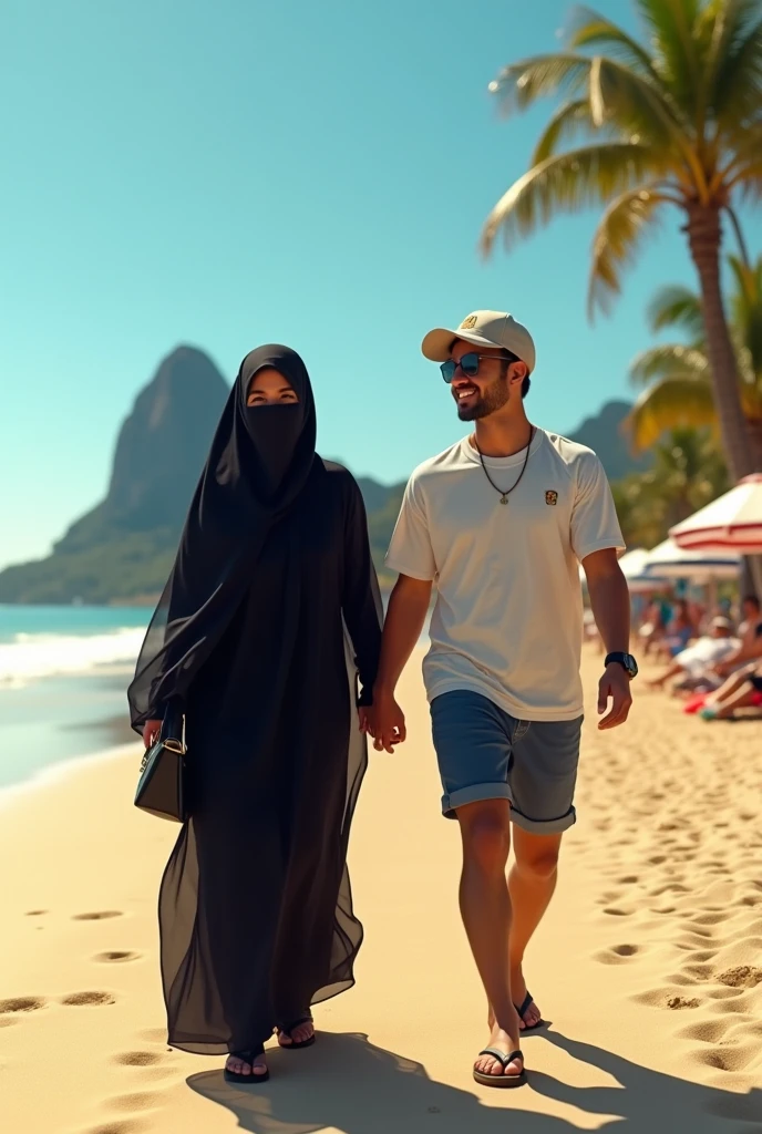 Create an image of a Saudi Arabian woman in a classic Saudi outfit, an all black dress, with a black veil covering her face, showing only the eyes, on a beach in Rio de Janeiro with his friend who wears a cap and glasses, regatta t-shirt, shorts and -flops walking like friends in Copacabana