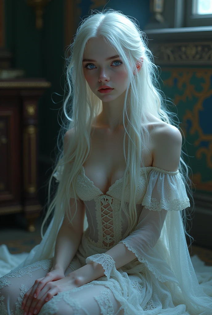make a young girl with long white hair, purple eyes, very pale white skin, very beautiful and sexy, half naked, in a mwdieval room from the middle ages
