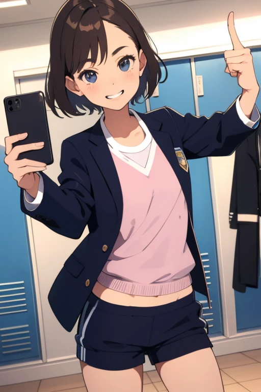 wearing randoseru backpack and buruma and gym uniform with colored hem,,1girl, ,testicles,black hair,brown eyes,,one-piece swimsuit,in bedroom, ,smile,school swimsuit,twin tail,flat creast,half-closed eyes,rolling eye,blush,sweat,heavy breathing,masterpiece,smartphone,