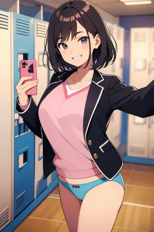 (Best Quality, Masterpiece),sexy, erotic, 1girl, 12 years old, Contempt, pride, brown hair, looking up, ((smile)), ((small breasts)), bikini, ((classroom)), thigh, standing