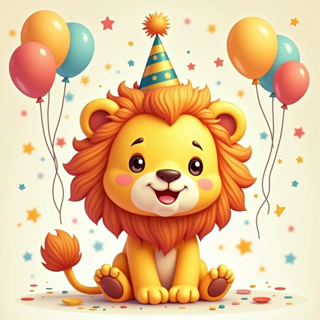 (best qualityer, work of art), 1 cute lion, cartoon, realisitic, light background, , animation, fluffly, birthday balloons in the background, confeti, happy, fullcolor, tons pasteis