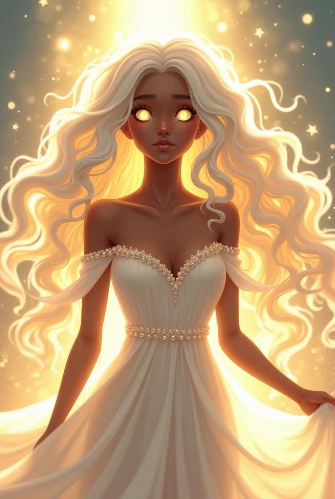 a dark-skinned goddess of light with long, curly white hair, golden eyes and a delicate white dress with pearls, in the style of anime bubble