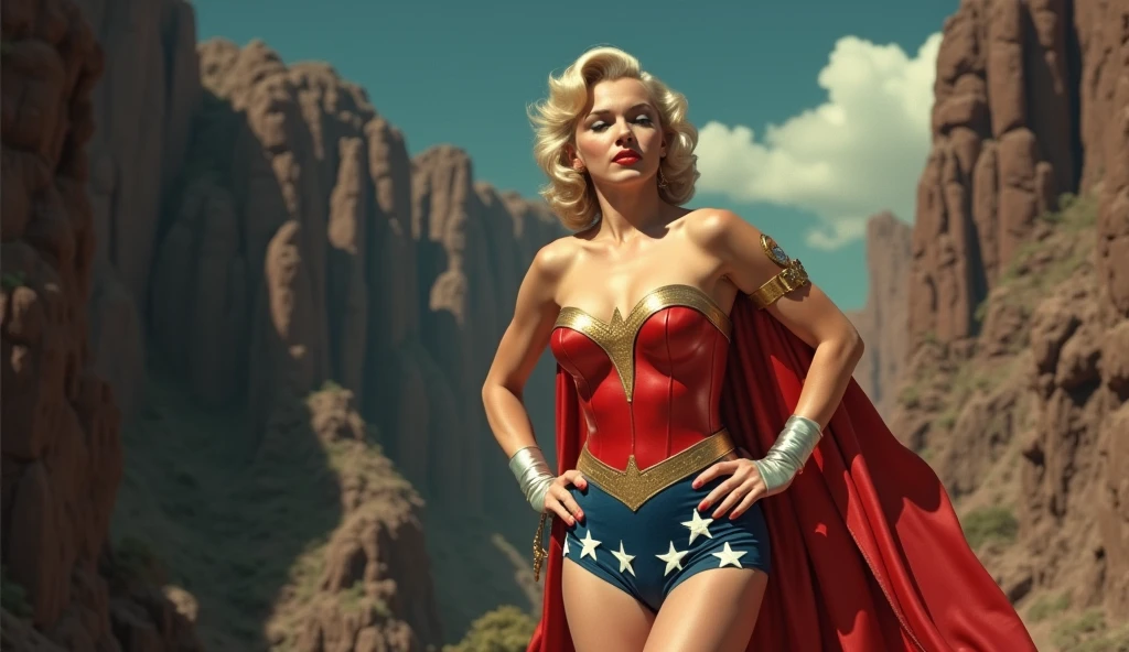 Screengrab of 1950's Super Panavision 70 movie. Ultra quality Retro in color, Marilyn Monroe in Wonder Woman Dress.