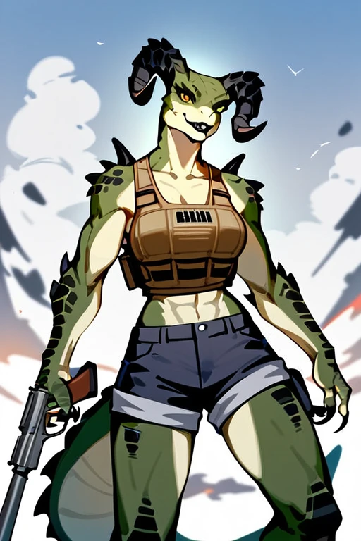 Solo, score_9,score_8_up,score_7_up, source_anime, aegis, kemono style, aegis, Anthro reptile girl, snout, green scaled skin, yellow eyes, black lips, black ram horns, tail, black lips, tall, Anthro deathclaw from fallout, deathclaw girl, (best quality), (4k), bulletproof vest, holding a rusty gun, blue shorts, in a ruined city, looking at viewer, (((Masterpiece))), ((4k)), (best body), Solo, score_9,score_8_up,score_7_up, kemono style, Anthro deathclaw from fallout, Anthro reptile girl, snout, green scaled skin, gold eyes, black lips, black horns, black ram horns, athletic body, smiling, wearing brown laced tank top, pov, pov she is holding viewers face, pov she is holding viewer, simple grey background