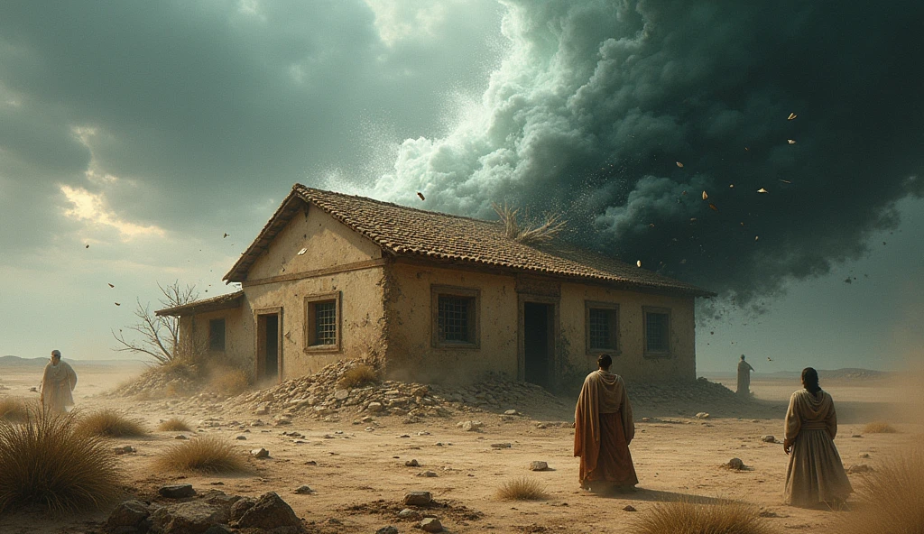 "Create a realistic image of a devastating hurricane taking away a house in a setting reminiscent of biblical times, inspired by the story of Job. The scene must capture the intensity of the hurricane, with dark clouds and lightning lighting up the stormy sky. At home, old and rustic style, must be being swallowed by the wind, with tiles flying and windows shattering. Ao fundo, add a desert landscape typical of the region and figures of people observing the scene with expressions of astonishment and fear. This image will be used in a scene from a YouTube video, proto, attention to detail and dramatic atmosphere is essential."