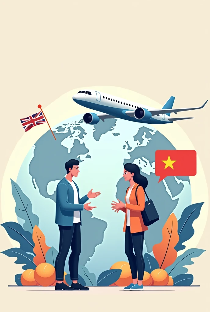 An image titled "500 BASIC ENGLISH CONVERSATIONS", Theme: educational, Elements, a man and a woman, a globe, an airplane and a Vietnam flag