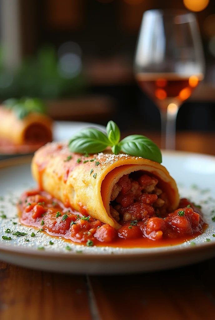 A delicious rolled Bolognese pancake being served at the Madureira restaurant. Write on image "MADUREIRA RESTAURANT"