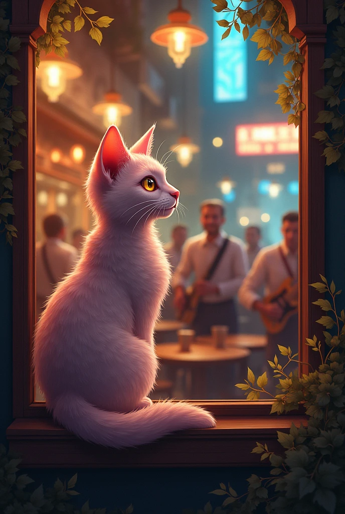 A beautiful cat with golden eyes and pink colour saw in a bar from a window in which music is played