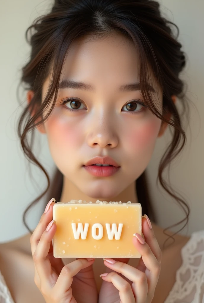 A handsome girl holding soap in her hand that says WOW on it