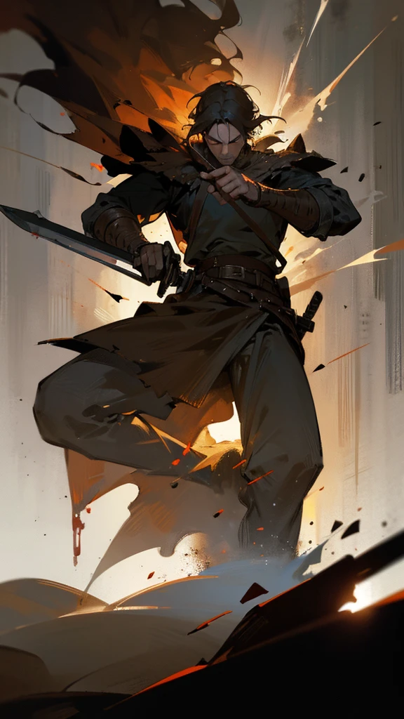 epic battle scene, man with sword, blood and gore, grim expression, medium shot, medieval warrior with sword, dynamic pose, man 40 years old, wearing simple shirt with belt and loose brown pants, dynamic effects, medieval, fantasy,dramatic lighting, atmosphere,cinematic composition,highly detailed ,piercing eyes,detailed musculature,weathered skin,tattered clothing,dirt and grime,blurring in background,volumetric lighting,dramatic shadows,cinematic color grading
