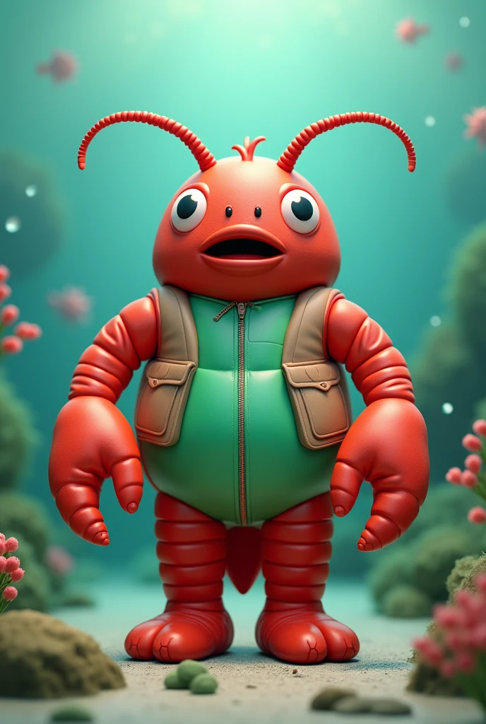 An inflatable lobster with a green shirt and aqua green vest