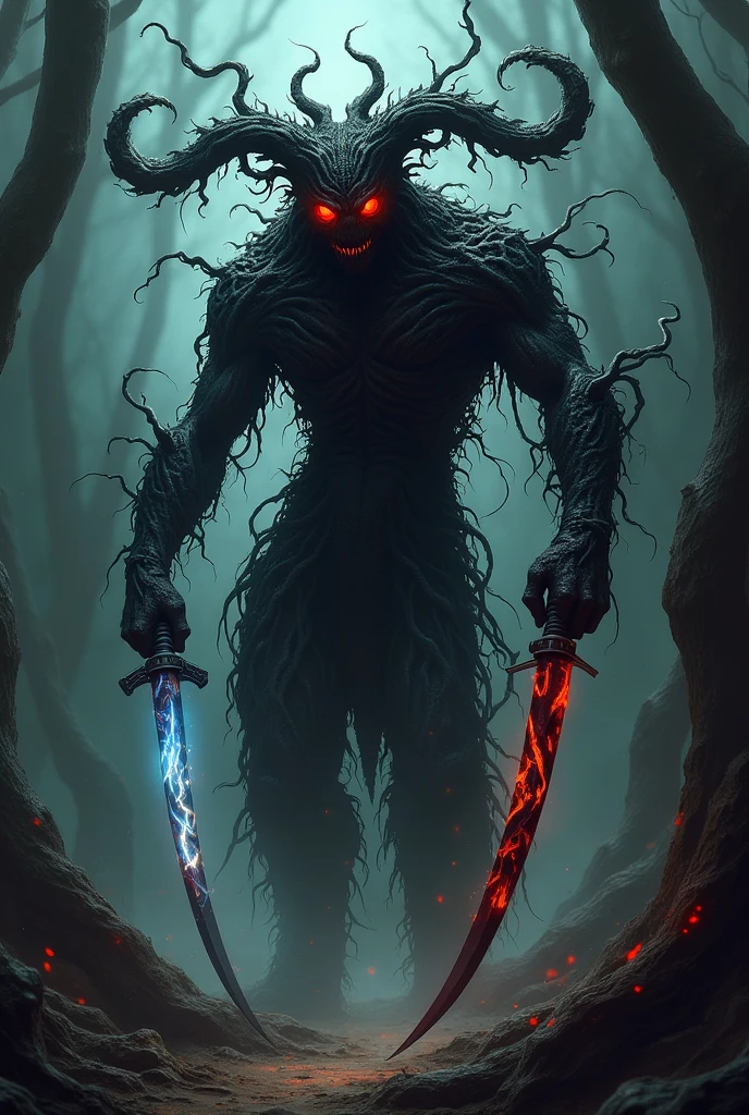 A demon made of black roots with red eyes with two katana-shaped swords, one blue and white and one black and red.