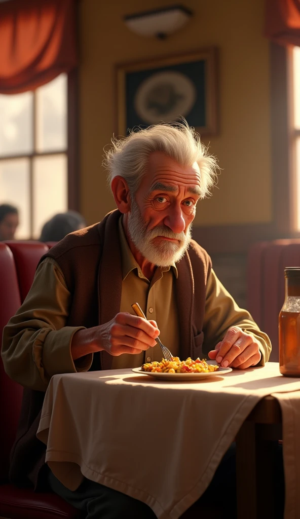 A sad old man dropping food on his shirt while dinning in a restaurant,  pixar style, cinematic, masterpiece, high-aesthetic, portrait 