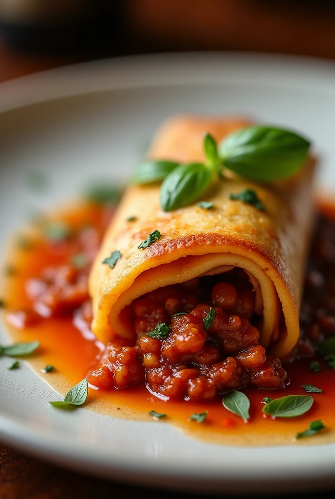 A delicious rolled Bolognese pancake being served at the Madureira restaurant. Write on image "MADUREIRA RESTAURANT"