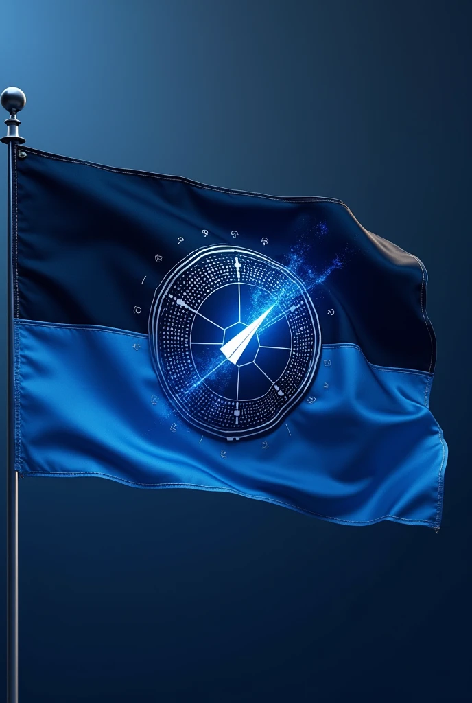 Flag Design Description:
Overall Shape: The flag is rectangular with a 3:2 ratio, providing a balanced and formal appearance.
Primary Colors:
Top Half: Midnight Blue (#003366), representing depth, stability, and professionalism.
Bottom Half: Electric Blue (#00BFFF), symbolizing innovation, energy, and dynamic digital activity.
Borders: The flag features a thin, Metallic Silver (#C0C0C0) border, symbolizing technological precision and modernity.
Central Emblem Placement: The emblem is centrally positioned, ensuring it is the focal point of the flag.
Emblem Design:
Core Symbol:
Digital Network: The emblem features a network of interconnected nodes and lines:
Nodes: Small, glowing spheres in Electric Blue, symbolizing various digital touchpoints. Each node has a gradient effect from light blue at the center to darker blue at the edges.
Connecting Lines: Sleek, silver lines that are slightly translucent, representing data flow and connectivity. Varying line thicknesses indicate different levels of connectivity within the network.
Central Focus:
Cursor Icon: A stylized cursor or arrow icon at the center:
Design: The cursor is in Metallic Silver with a gradient effect, transitioning from dark silver at the base to bright silver at the tip, with a subtle glow around it.
Position: The cursor points towards the top right of the flag, symbolizing direction and progress.
Circular Frame:
Design: The network is enclosed within a smooth, circular frame in Metallic Silver, slightly embossed to create a 3D effect.
Pattern: The frame features a subtle pattern of digital circuits or binary code etched into the surface, highlighting the technological aspect.
Additional Design Elements:
Background Texture:
Grid Pattern: The gradient background includes a subtle digital grid pattern in a darker shade of Blue (#002F5D). The grid features fine lines and small squares, resembling a digital matrix.
Visual Effects:
Lighting Effects: Nodes and the cursor icon have subtle lighting eff