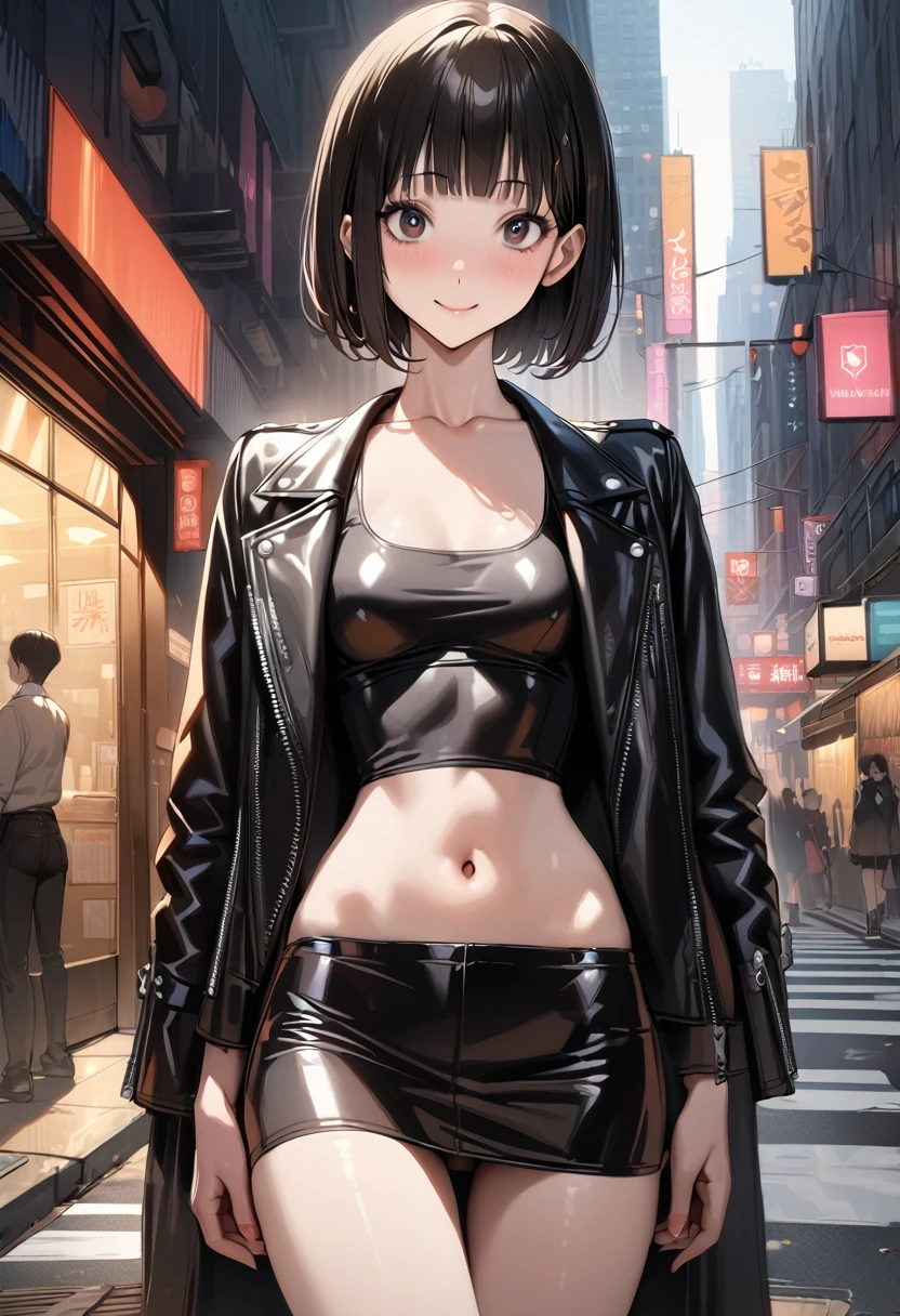 ((masterpiece,best quality anime,Highest quality:1.3)),realistic,cowboy shot,1woman,(30 year old beauty),((very small head:1.4)),((very long body:1.4)),(short bob hair),black hair,(gorgeous big eyes),black eyes,smile,((slender body:1.4,skinny:1.3)),medium breasts(Punk Fashion、Black leather rider jacket,navel、Black leather mini skirt),Tank top、oily skin,gleaming skin,shiny skin,standing,on street,New York City、