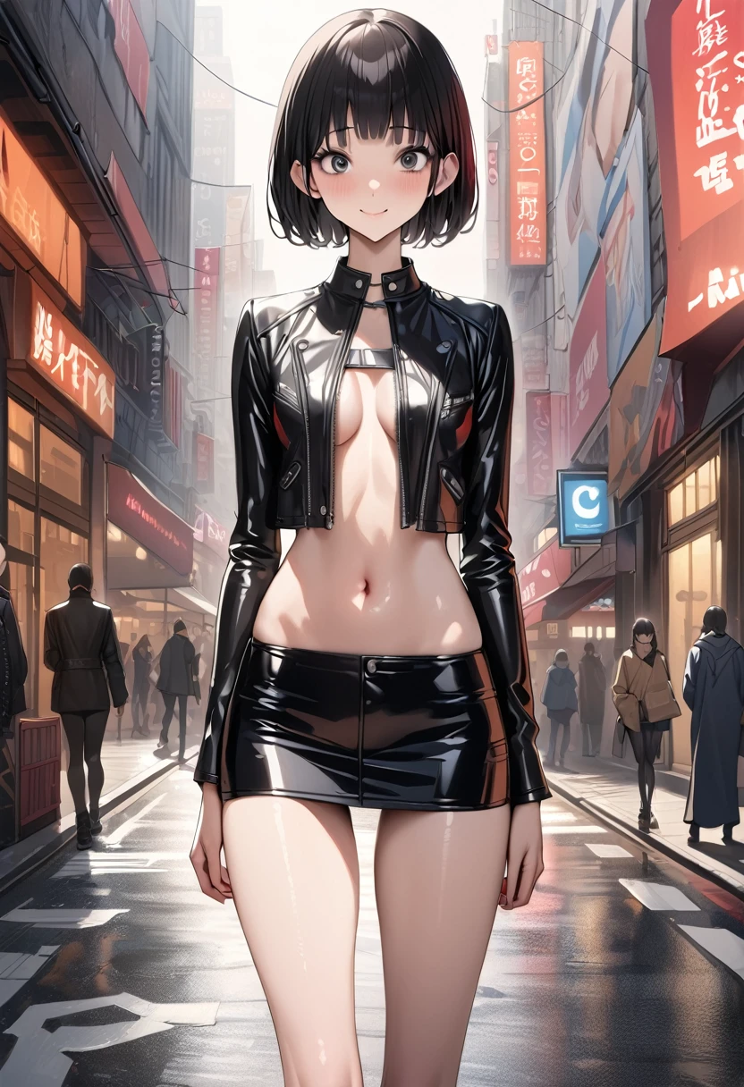 ((masterpiece,best quality anime,Highest quality:1.3)),realistic,cowboy shot,1woman,(30 year old beauty),((very small head:1.4)),((very long body:1.4)),(short bob hair),black hair,(gorgeous big eyes),black eyes,smile,((slender body:1.4,skinny:1.3)),medium breasts(Punk Fashion、Black leather rider jacket,navel、Black leather mini skirt),Tank top、oily skin,gleaming skin,shiny skin,standing,on street,New York City、