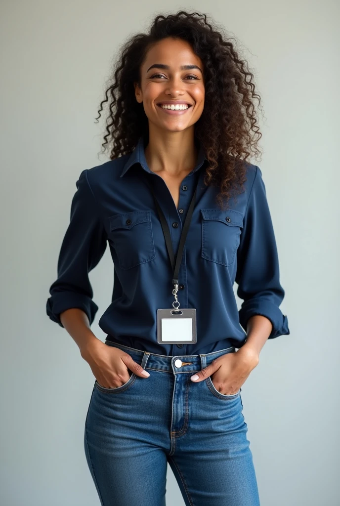 Raise a happy woman, with dark blue button down blouse, jeans and black boots. wearing an identification badge