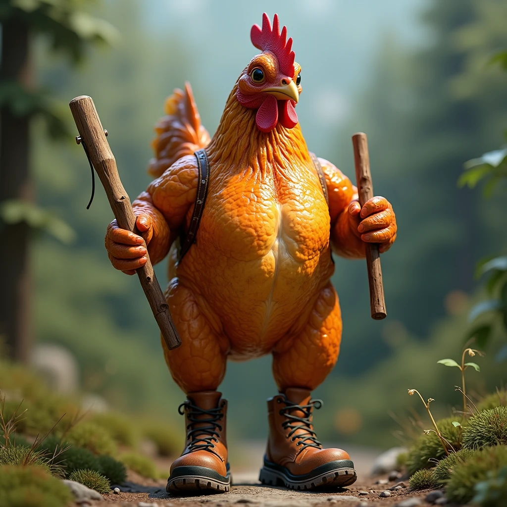 A roast chicken with golden, crispy skin, who wears hiking boots and a wooden stick.