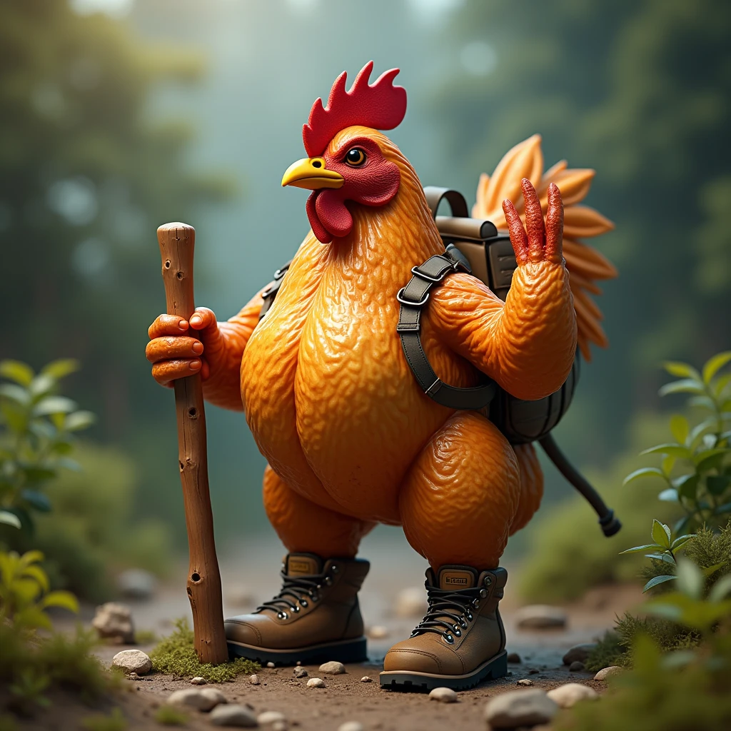 A roast chicken with golden, crispy skin, who wears hiking boots and a wooden stick.