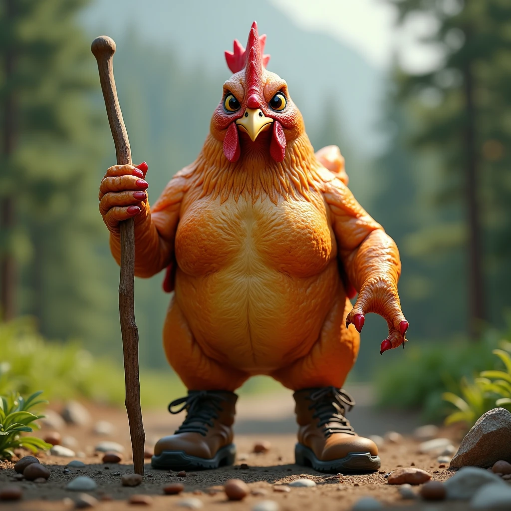 A roast chicken with golden, crispy skin, who wears hiking boots and a wooden stick.