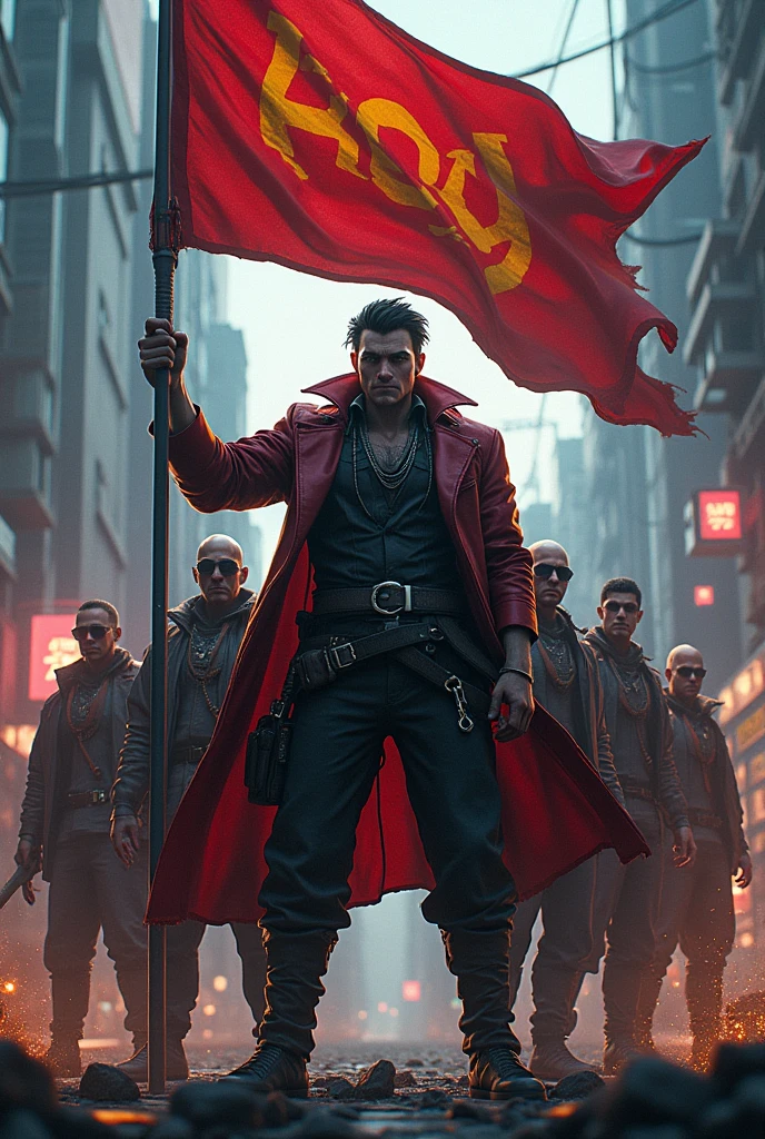 Create an image with the character Mikey from the anime Tokyo Revenger holding a flag with his gang behind him, make it as cool as possible and write REVIVING R2