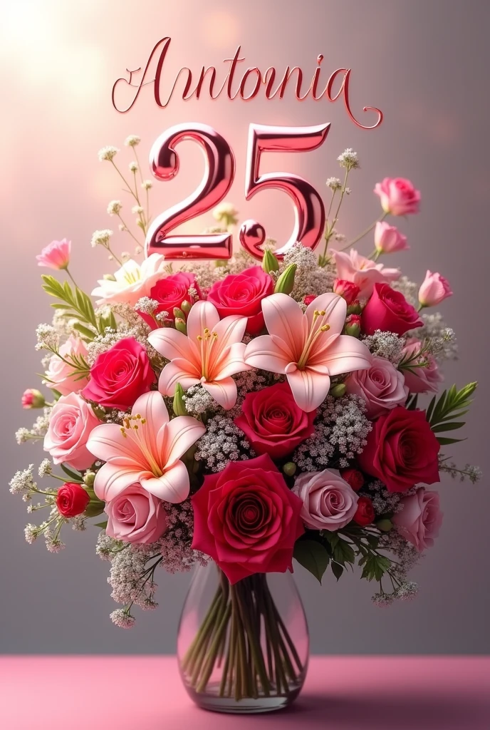 Create a picture with a birthday bouquet and a 25 on it and the writing Antonia