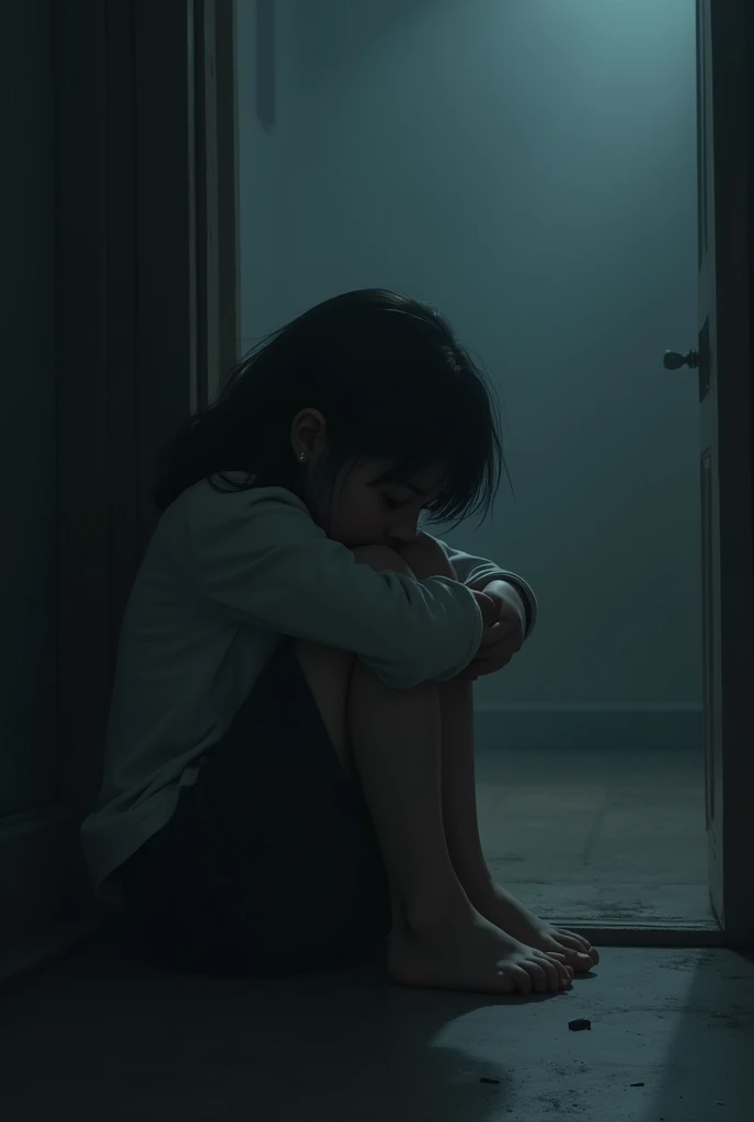 Girl sitting on the floor crying in a dark room while hugging her knees and hiding her face