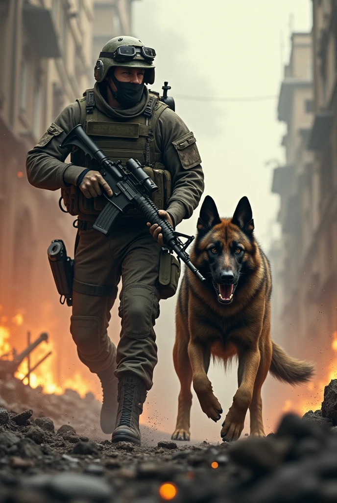 Military with his helmet, his rifle and his k9 dog attacking the enemy , between fire and rubble