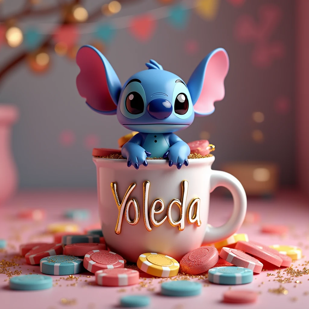 A 3D rendering of a cute, friendly Stitch cartoon with the text "Te Quiero Mucho". Stitch is sitting on a glitter-filled coffee mug with the name "Yoleida" written in white and gold Arial font. The mug is surrounded by poker chips. The background contains a colorful decoration and 3D candy. The overall image has a magical atmosphere.