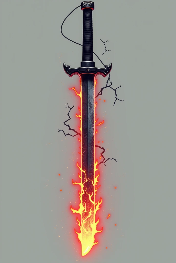 create a katana that has a same 2d graphics of ninja saga plain background with X axis position with black flames on blade and add some cracks on blade