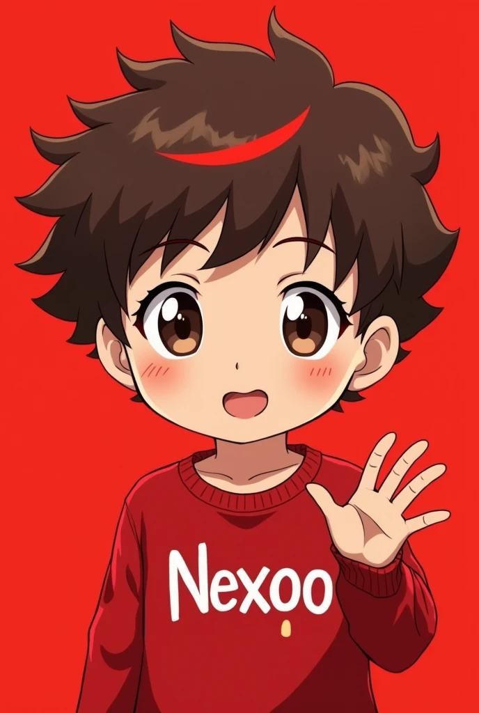 Create pictures of a boy who has curly hair and a red stripe in the front and the design should be like an anime message with a bright red background. He also has a red sweater on that says Nexoo and a red stripe in the front of his curls and he should have his eyes so cute and should wave brown curls and red stripe eyes in the front.