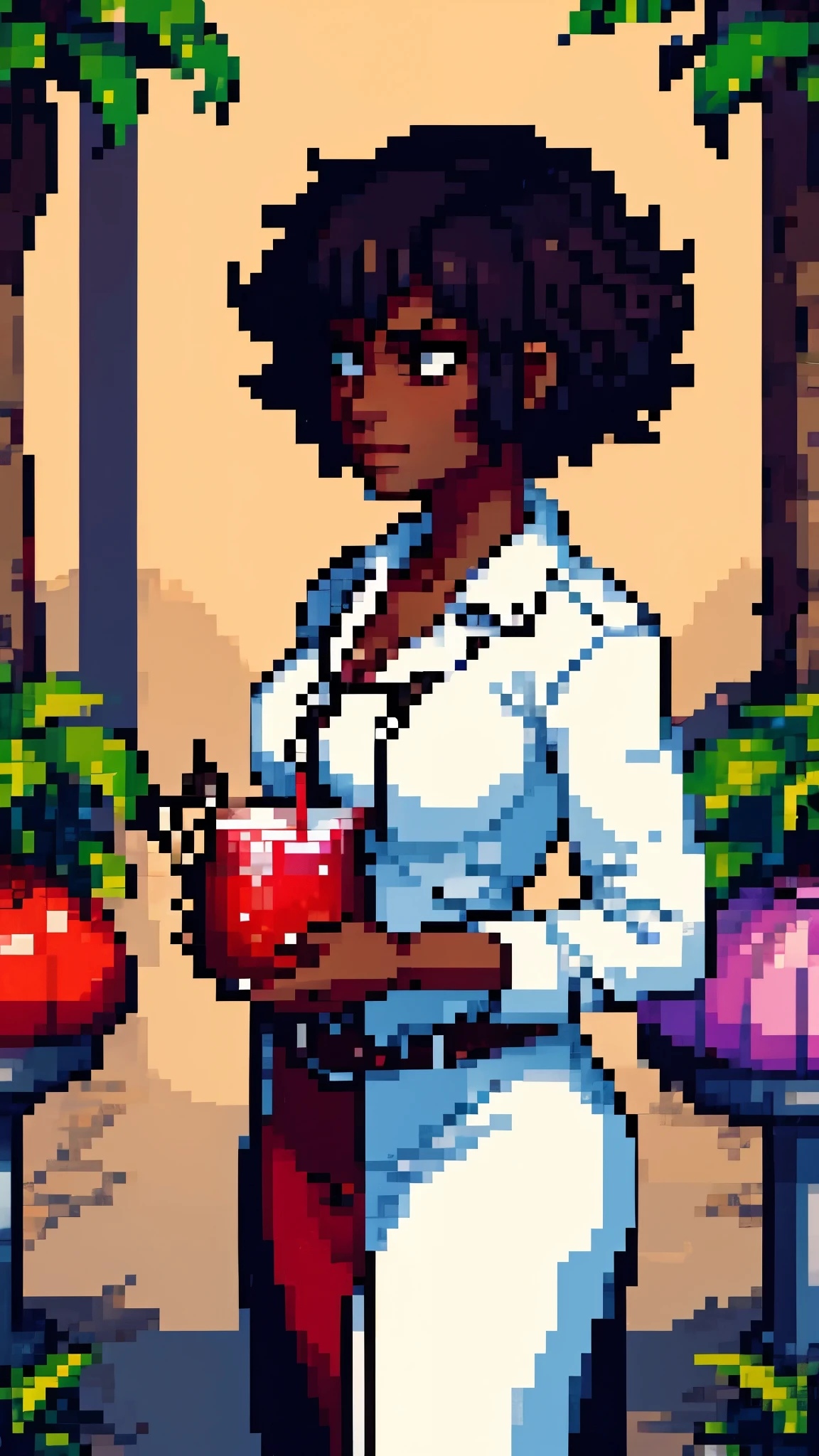 A portrait with a woman with dark skin and VERY curly short hair with a look of determination and curiosity WITH A COCKTAIL
