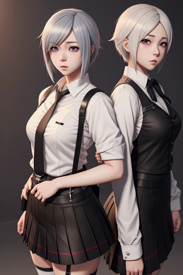 anime boy in short skirt and suspenders, hyperrealistic female student, 2b, 2b, a hyperrealistic female student, photorealistic rendering of anime boy, Seductive Anime Boy, realistic 3d anime style, non-style artwork by guweiz, attractive anime girl, uniforme jk, young realistic anime, no breasts, no woman