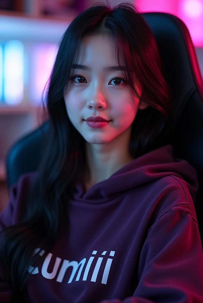 A beautiful white Korean girl sitting on a gaming chair wearing a dark purple polite hoddie with a name on the hoddie " cumiii "