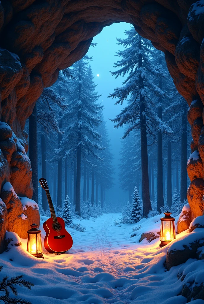 The image depicts a serene yet mysterious scene viewed from within a cozy cave. The cave itself appears rugged and natural, with rough stone walls that frame the view outside. The entrance of the cave opens up to a mesmerizing winter forest, blanketed in snow. Tall, dark trees with snow-covered branches stand silently under a deep blue night sky, creating an almost ethereal atmosphere.
Inside the cave, a warm and inviting fire crackles on the ground, casting a soft orange glow that contrasts with the cool blue tones of the outside world. The firelight flickers, illuminating the nearby objects—a guitar rests against a rock, suggesting the presence of a traveler or a musician taking refuge here. A few lanterns are scattered around, adding to the warm ambiance and providing additional light.
The forest outside is enchanting, with snow gently falling and covering the landscape, while the dense trees create a sense of depth and mystery. The scene is calm yet carries an underlying tension, as if something might emerge from the shadows of the trees. The overall composition of the image combines warmth and cold, safety and the unknown, creating a captivating and immersive environment.