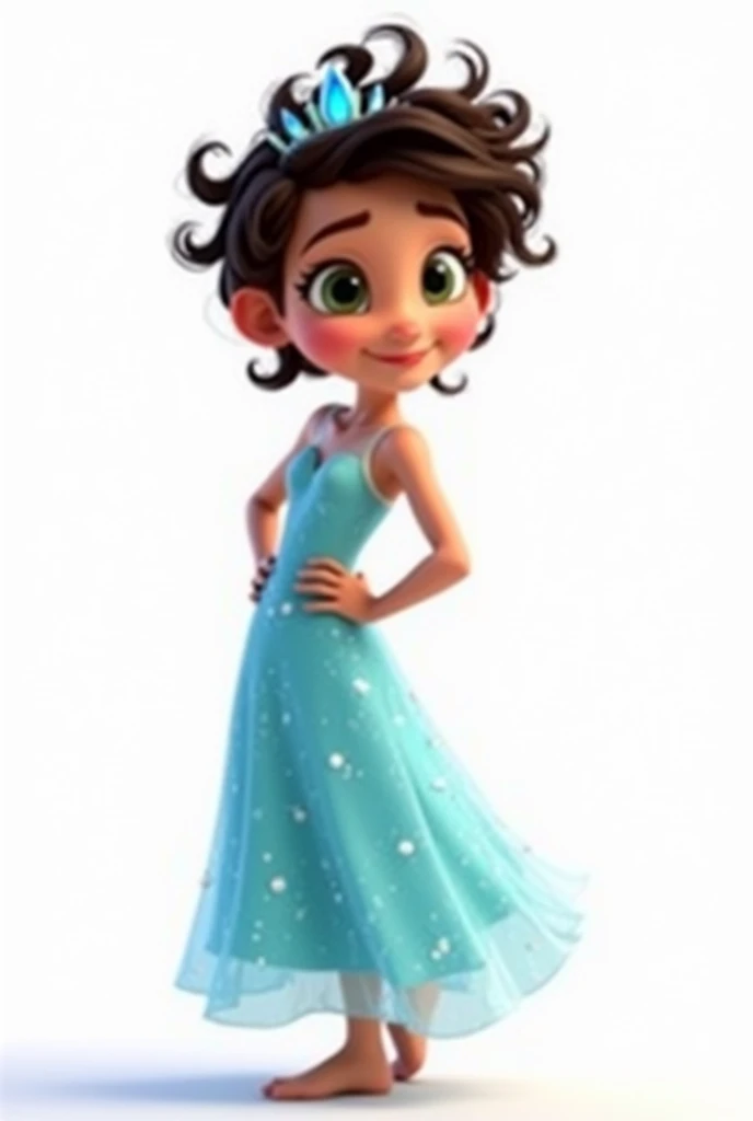 Create a high-quality, high-definition (HD) Pixar 3D-style image with vivid colors and sharp lines. The image should include: A  girl, standing with her hands on her waist, dancing with olive skin and dark brown hair with many curls and very short, at ear level, she wears an ice crown. leaf green eyes, happy and expressive. She is wearing a light blue dress with small sparkling stones, inspired by the character Elsa from the movie "Frozen".  The girl is smiling and looking at the camera, she must appear full body with her hands on her waist.
The image must have a white rendered background.