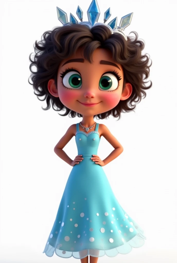 Create a high-quality, high-definition (HD) Pixar 3D-style image with vivid colors and sharp lines. The image should include: A girl, standing with her hands on her waist, dancing with olive skin and dark brown hair with many curls and very short, at ear level, she wears an ice crown. leaf green eyes, happy and expressive. She is wearing a light blue dress with small sparkling stones, inspired by the character Elsa from the movie "Frozen". The girl is smiling and looking at the camera, she must appear full body with her hands on her waist.
The image must have a white rendered background.