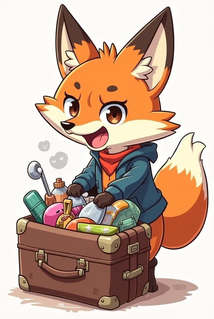 Male young fox as a cartoon character with brown eyes packs his suitcase and can not close it, without background 